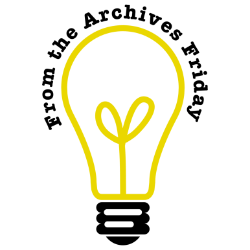 A logo of a lightbulb, outlined in yellow, with words arched over the top of the bulb reading 'From the Archives Friday"