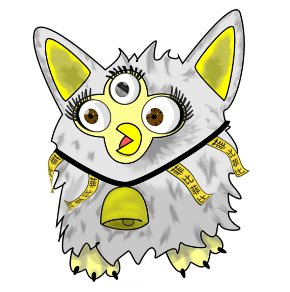 A drawing of a furby with three eyes wearing a bell around its neck with yellow talismans on the necklace reading "Furby" in simplified Chinese.